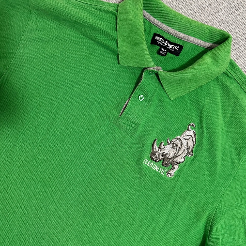Ecko Unltd Mens 3XL Green Embroidered Rhino Logo Polo Shirt Y2K Streetwear